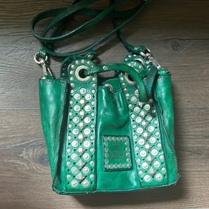 Mini “Liri” cross body bag in grass green leather with studs - Campomaggi
